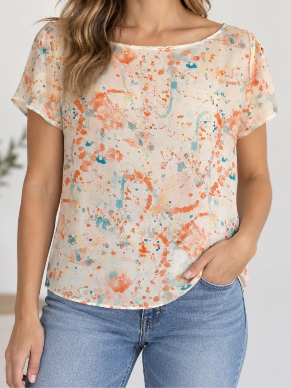 Alice & Olivia Splatter Print Short Sleeve Crepe Blouse Cream Small